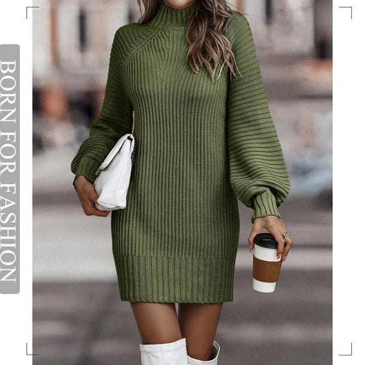 Chic Turtleneck Lantern Long Sleeve Mini Sweater Dress